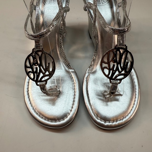 Lilly‎ Pulitzer Silver Metallic Wedge Sandals Logo Medallion Women's Size 6 - Picture 3 of 10
